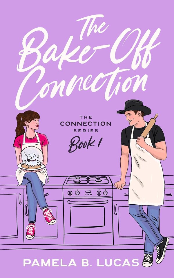 The Bake-Off Connection cover: Avaline and Leo in aprons in a lilac café kitchen